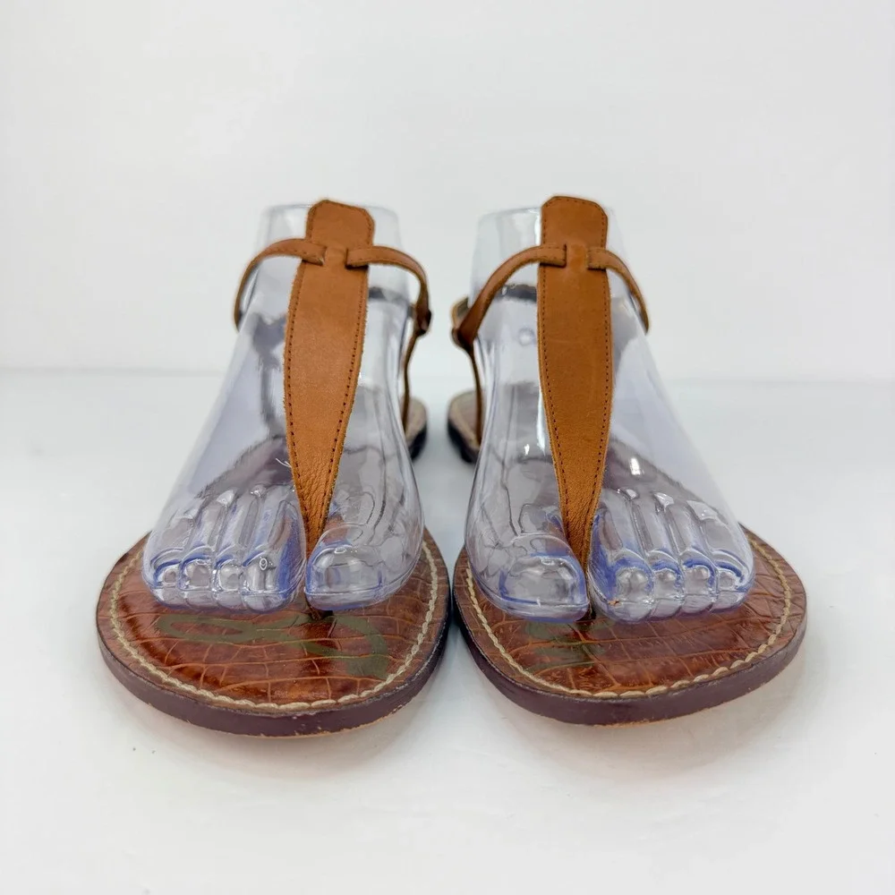 EUC Sam Edelman 10 Women Sandals Gigi Brown Croc Embossed Leather T-Strap Thong